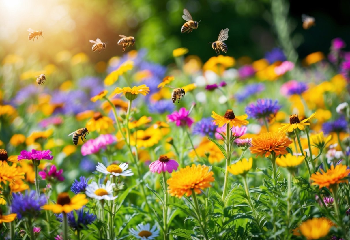 A colorful array of wildflowers blooming in a sunny garden, with bees and butterflies fluttering around the vibrant blossoms