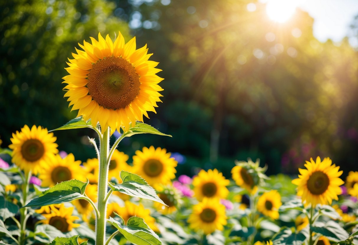 A sun-drenched garden bursting with vibrant blooms, a smiling sunflower towering above the rest, radiating joy and cheerfulness