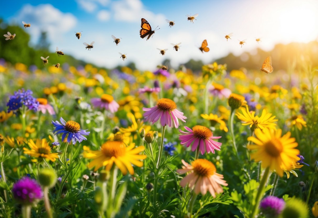 A colorful array of wildflowers blooming in a lush, sun-drenched meadow, surrounded by buzzing bees and fluttering butterflies