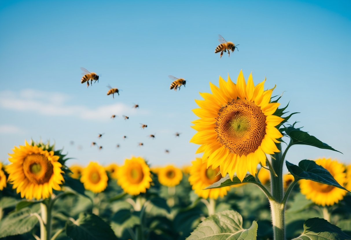 A bright sunflower field with bees buzzing and a clear blue sky, evoking feelings of joy and happiness