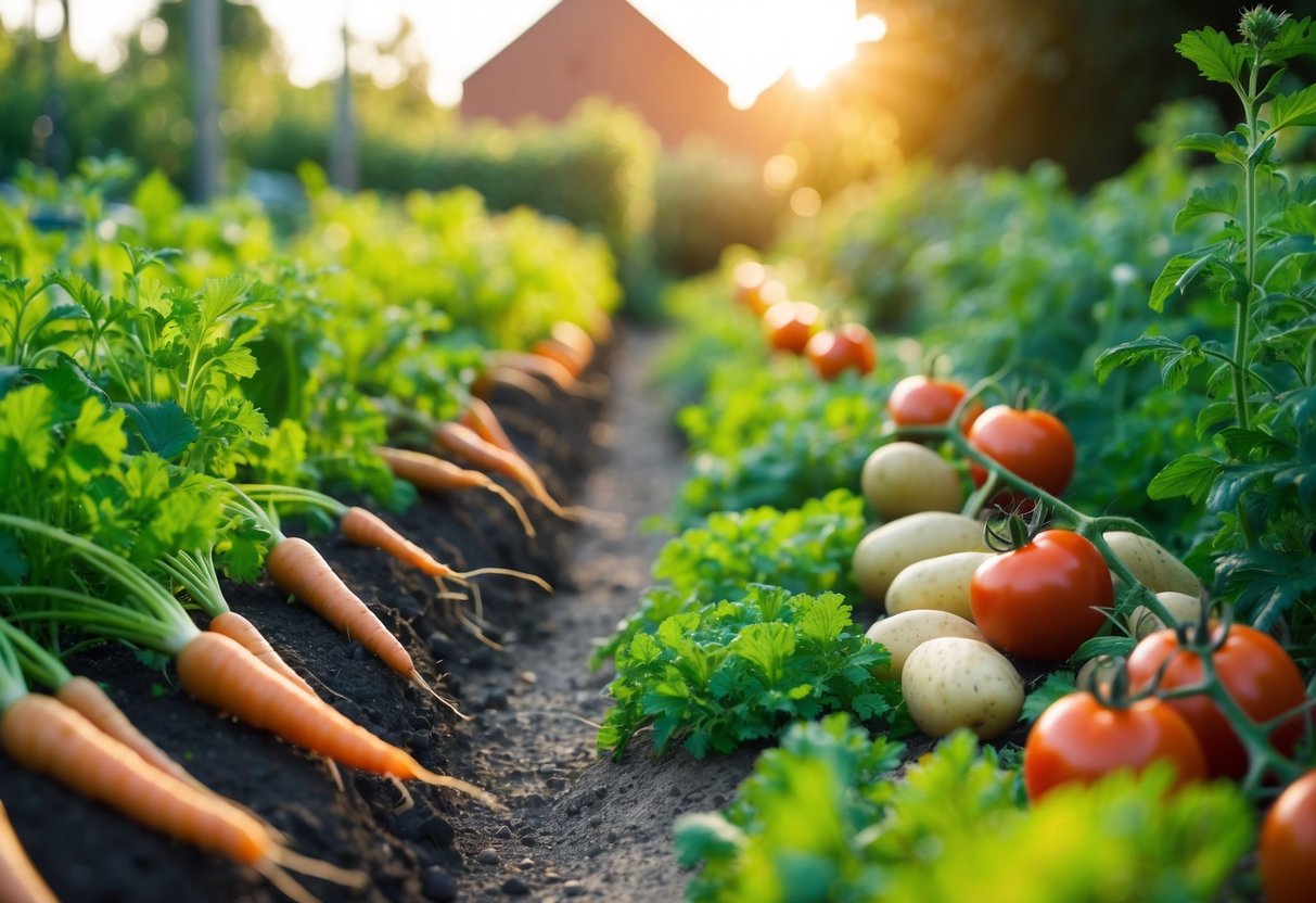 A lush garden with rows of thriving vegetable plants, including carrots, potatoes, and tomatoes, under the warm sun in the UK