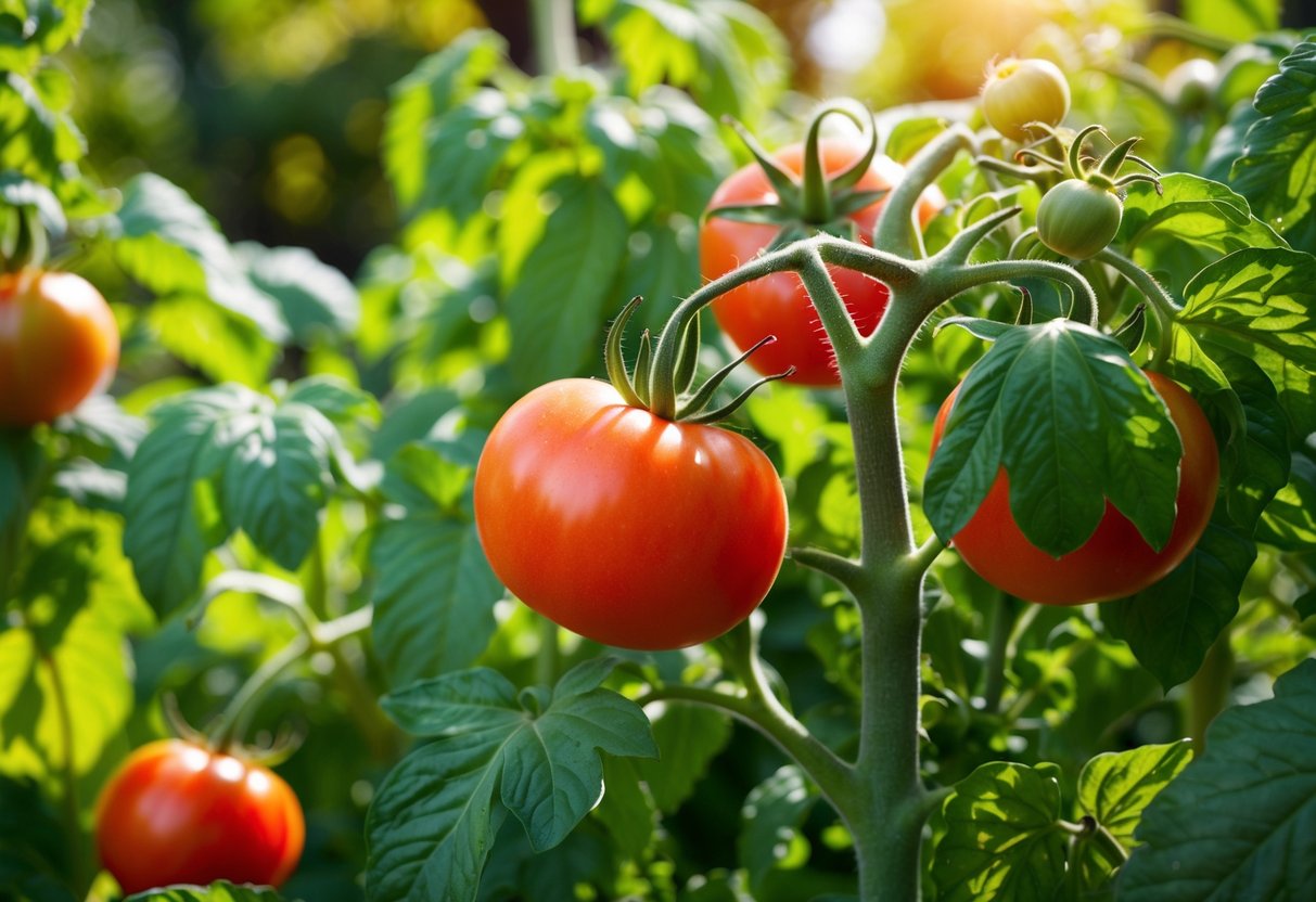 A thriving tomato plant in a sun-drenched garden, surrounded by lush green foliage and vibrant red fruits