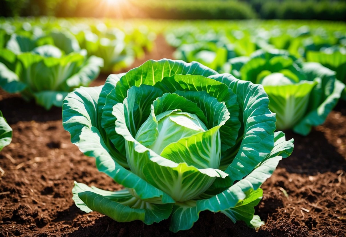 A vibrant green cabbage plant flourishing in a well-tended vegetable patch, surrounded by rich soil and receiving ample sunlight