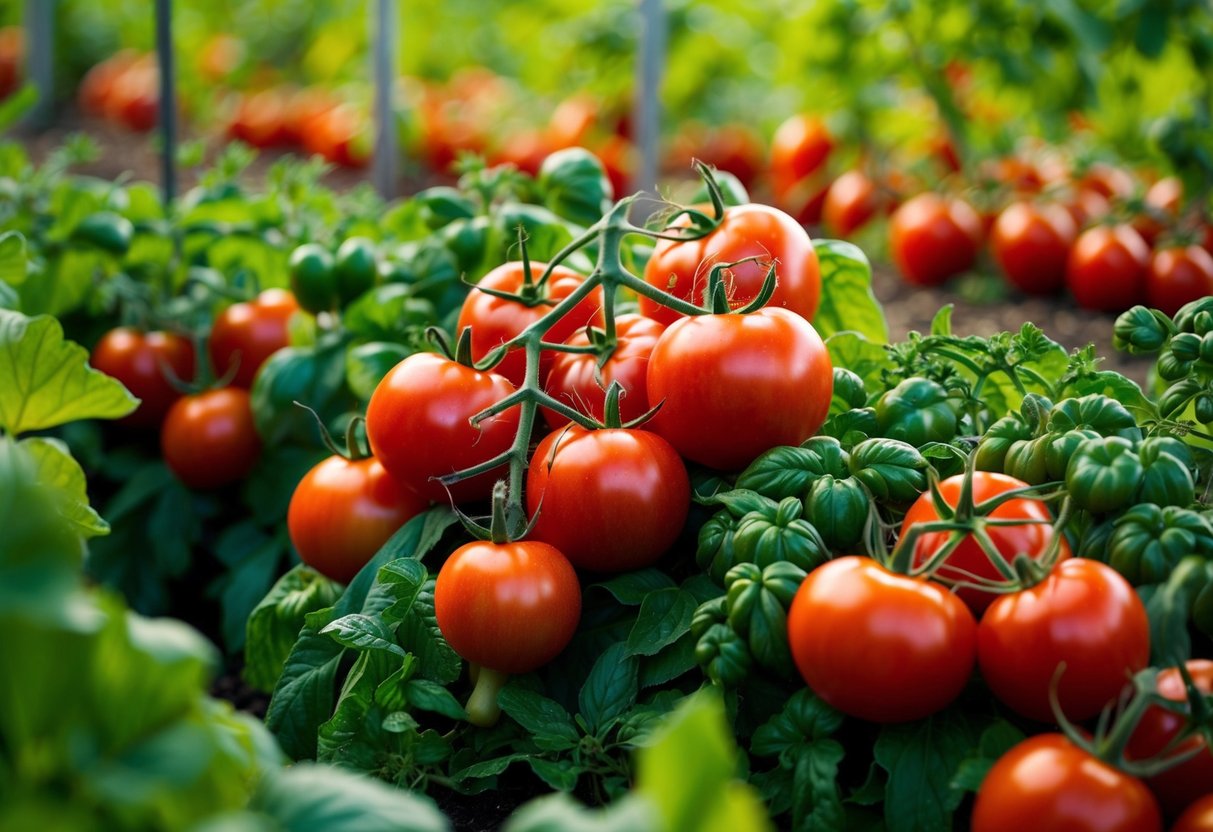 A lush garden with abundant crops of tomatoes, ready for picking and enjoying