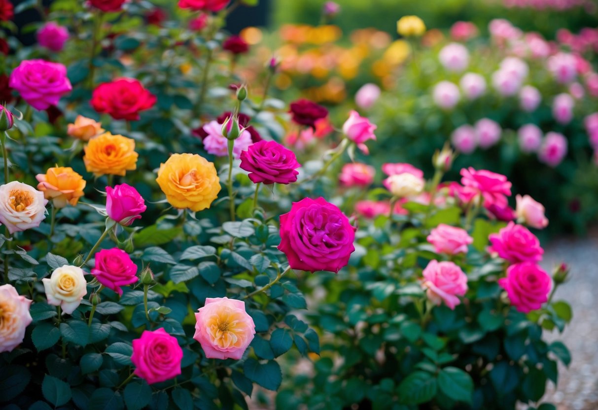 A vibrant, fragrant rose garden in full bloom, with a variety of colors and shapes creating a stunning display of natural beauty