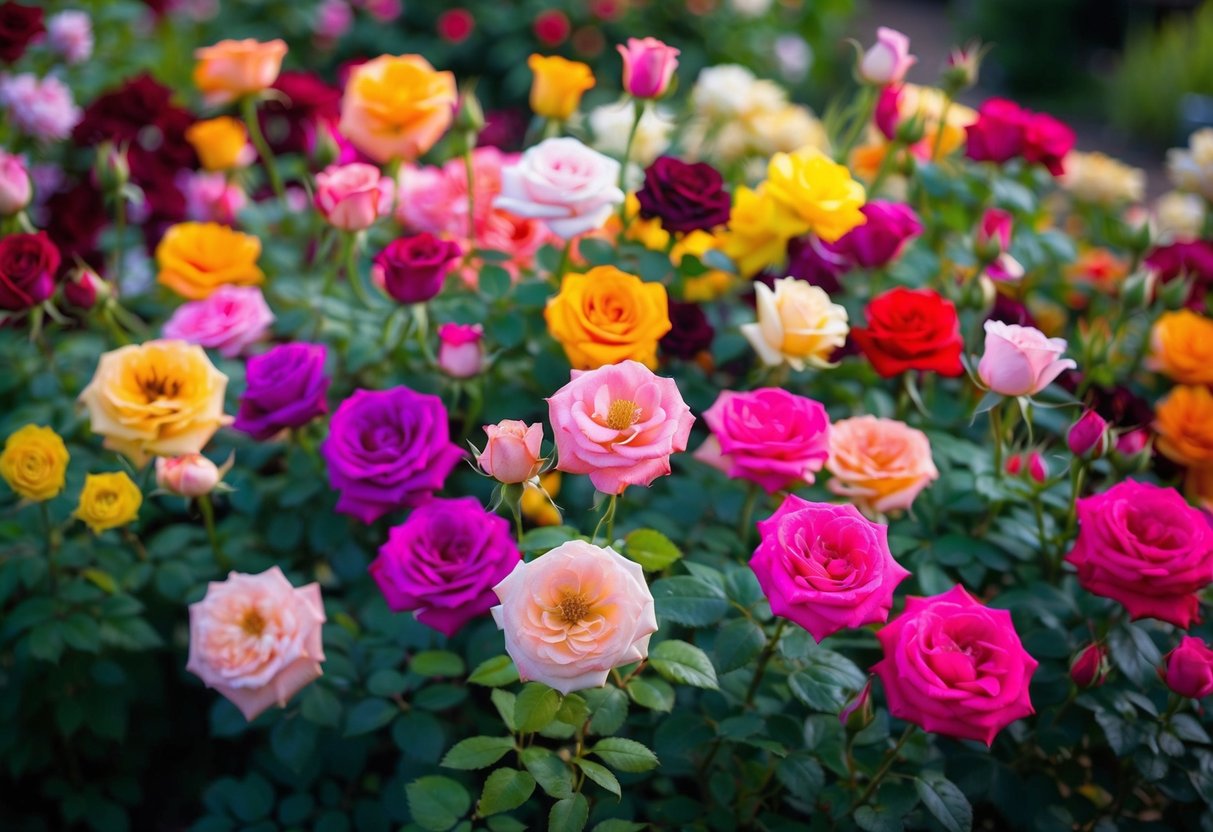 A garden filled with vibrant and diverse rose varieties in full bloom, showcasing their unique colors and delicate petals