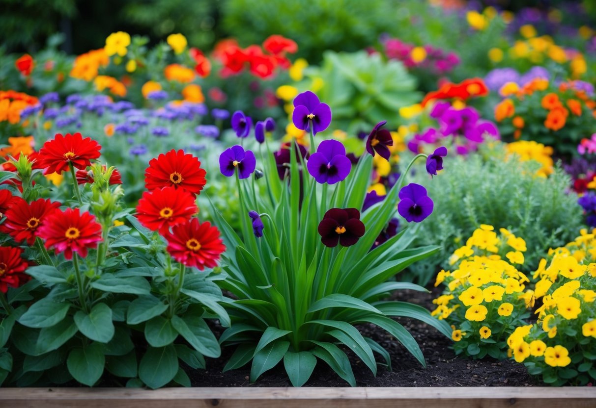 A garden bed filled with a variety of colorful plants, including vibrant red, purple, and yellow flowers, creating a lively and inviting atmosphere