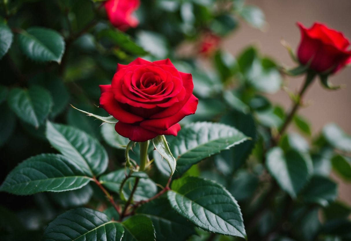 A single red rose in full bloom, surrounded by lush green foliage, with delicate petals and a sweet fragrance