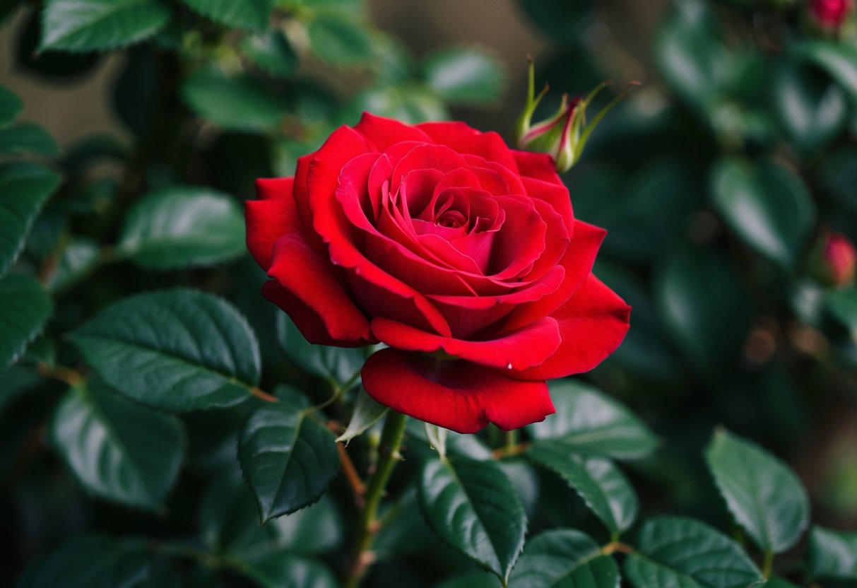 A single, vibrant red rose blooms against a backdrop of lush green foliage, its delicate petals unfurling to reveal a symphony of color and fragrance