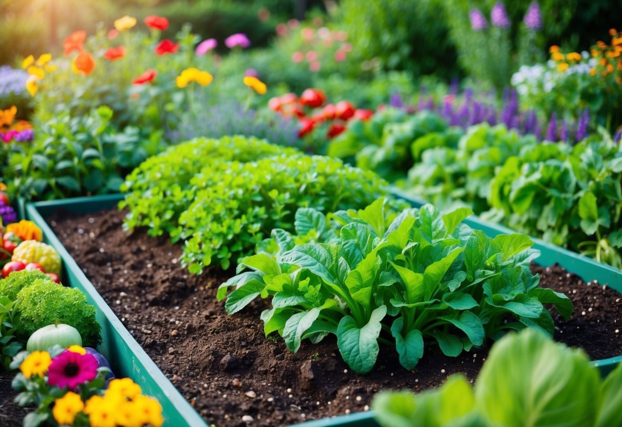 A vibrant green garden bed filled with rich soil and flourishing plants, surrounded by a variety of colorful flowers and vegetables