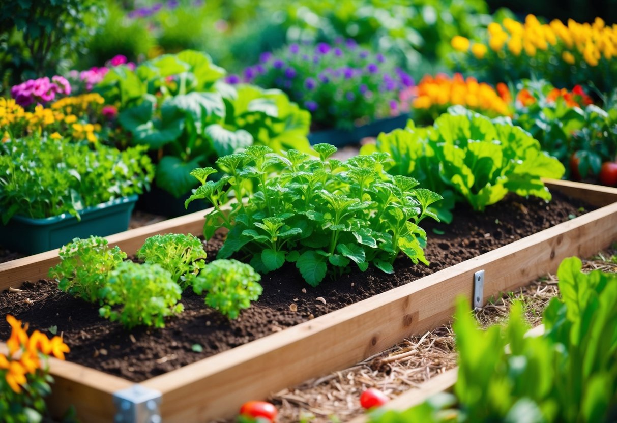 A vibrant green garden bed filled with rich soil and flourishing plants, surrounded by a variety of colorful flowers and vegetables