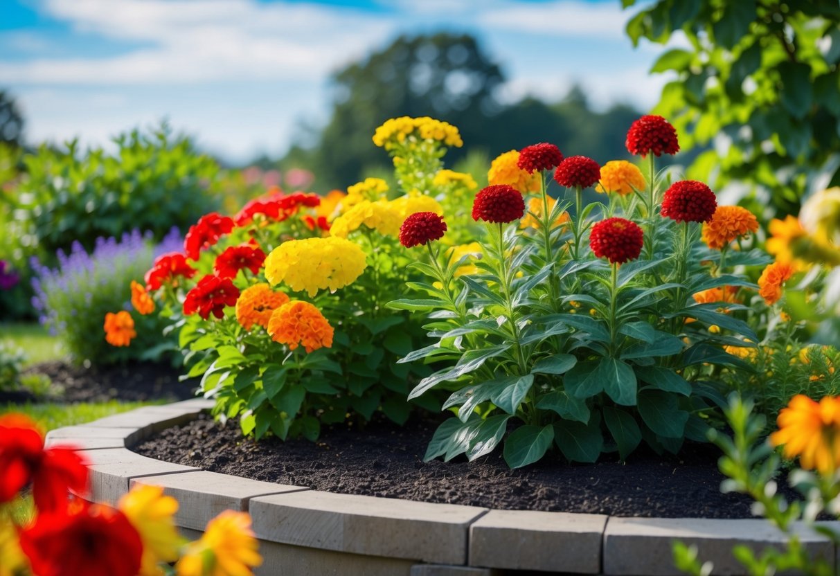 A garden bed with vibrant red, yellow, and orange flowers, surrounded by lush green foliage and a backdrop of a serene blue sky