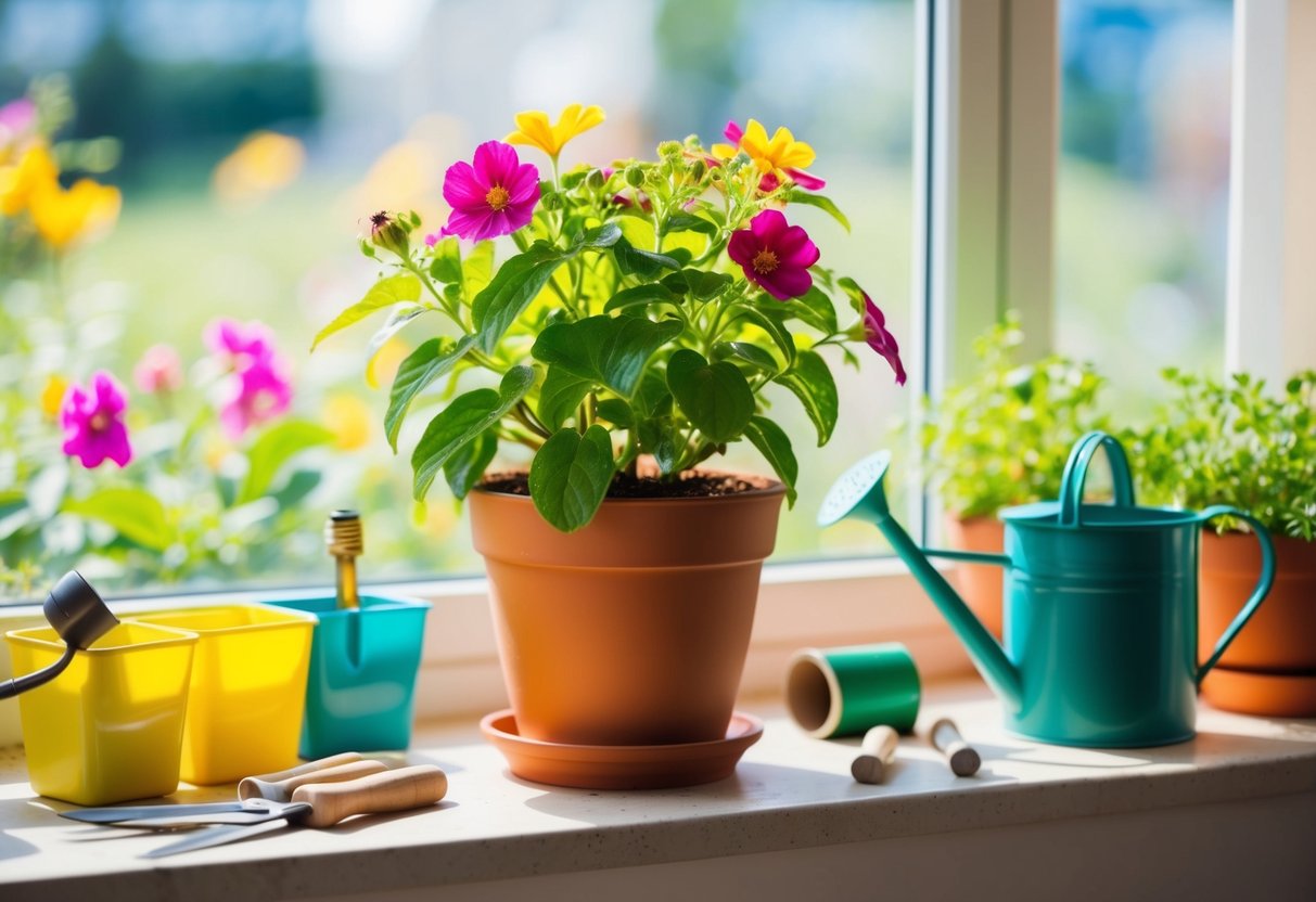 A colorful potted plant sits on a sunny windowsill, surrounded by small gardening tools and a watering can. The plant is thriving, with vibrant blooms and healthy green leaves