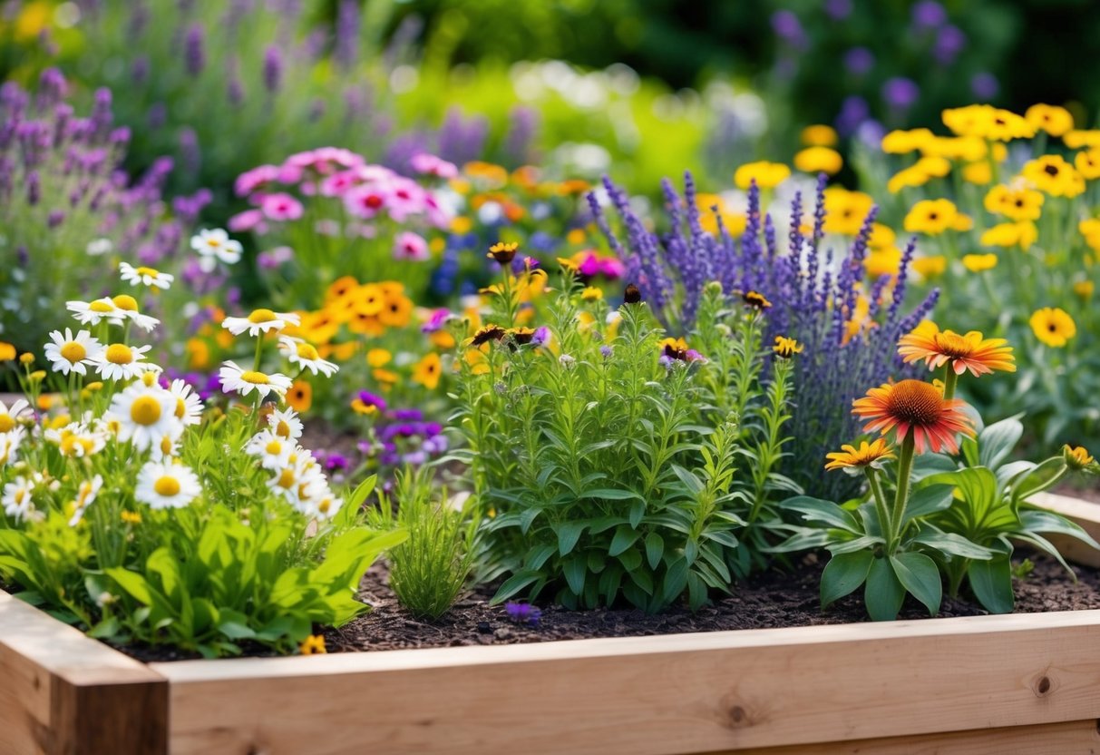 A vibrant raised garden bed bursting with colorful perennials in full bloom, including daisies, lavender, and coneflowers