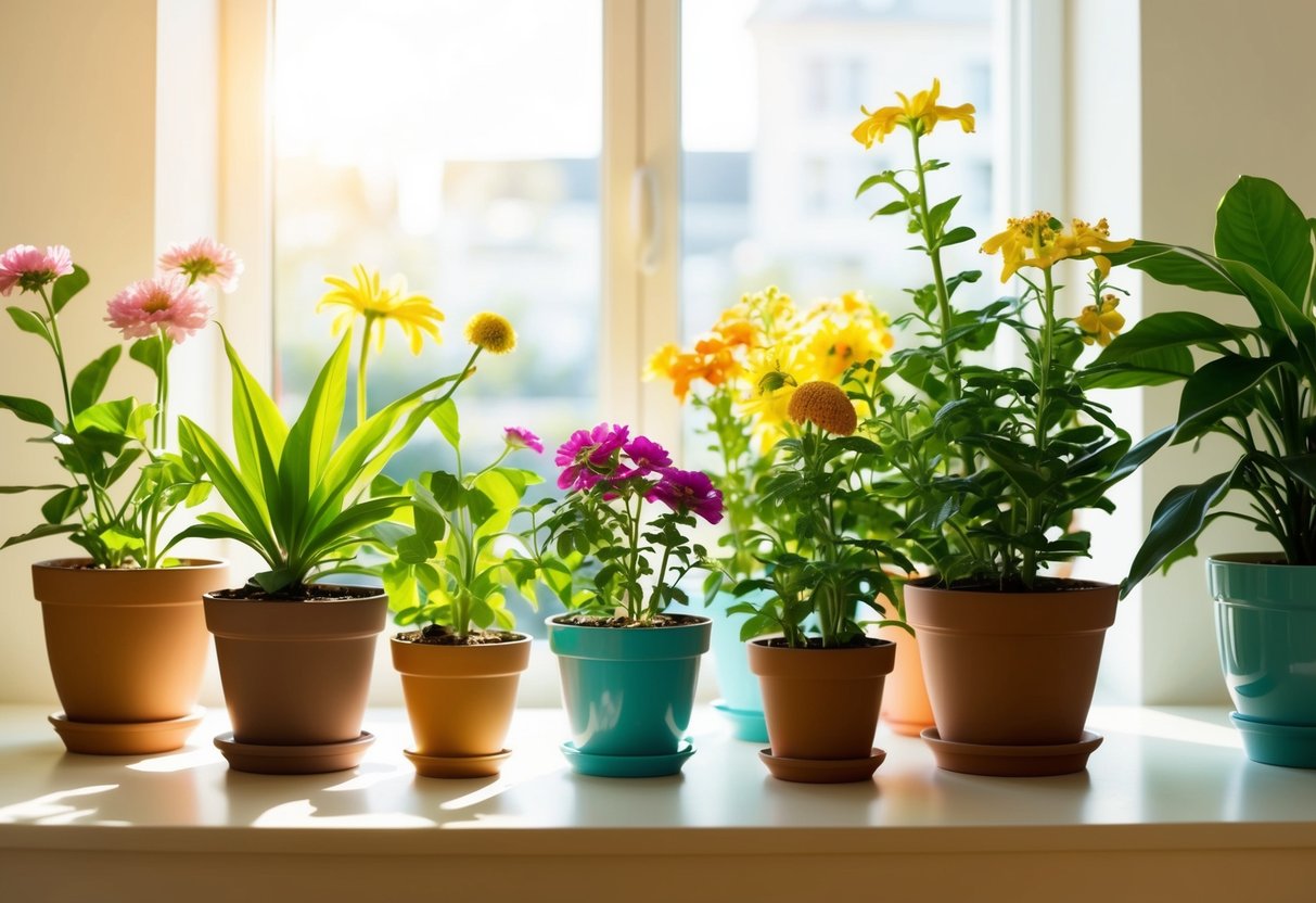 A bright, sunlit room with a variety of potted flowers in different sizes and colors. Each plant is thriving and healthy, with vibrant blooms and lush green leaves