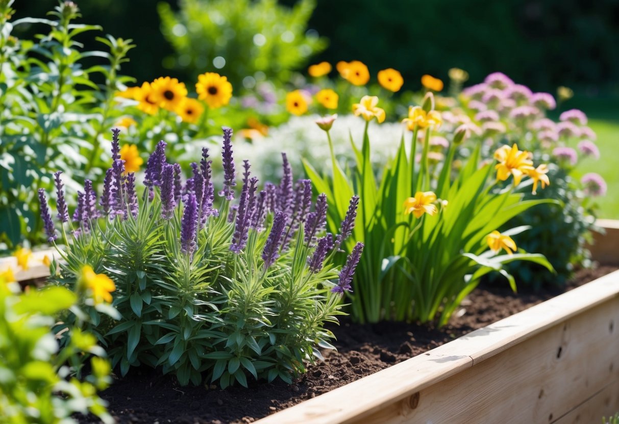 Lush raised beds with thriving perennials like lavender, coneflowers, and daylilies. Rich soil and ample sunlight