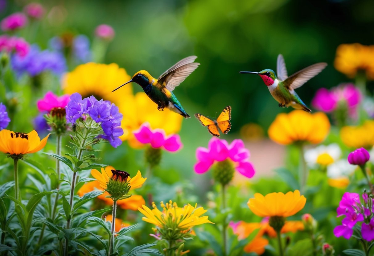 A colorful garden with vibrant, low-maintenance flowers attracting bees, butterflies, and hummingbirds