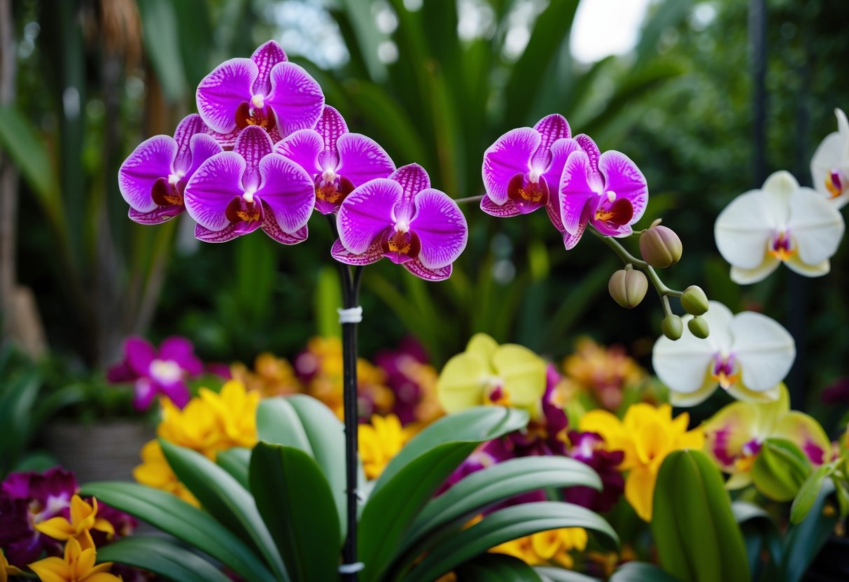 A rare, vibrant orchid blooms in a lush, well-tended garden, surrounded by other exotic and expensive flowers