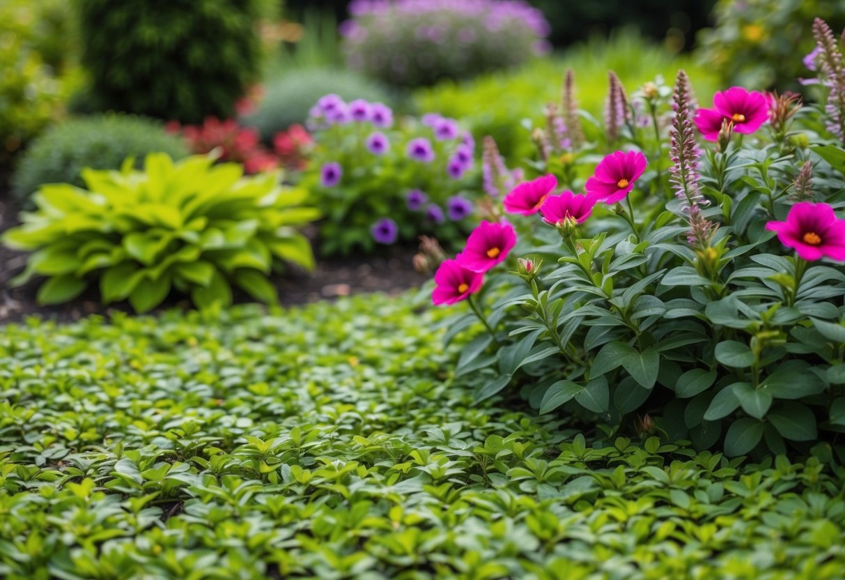 Lush green groundcover with vibrant flowers and foliage in a garden setting