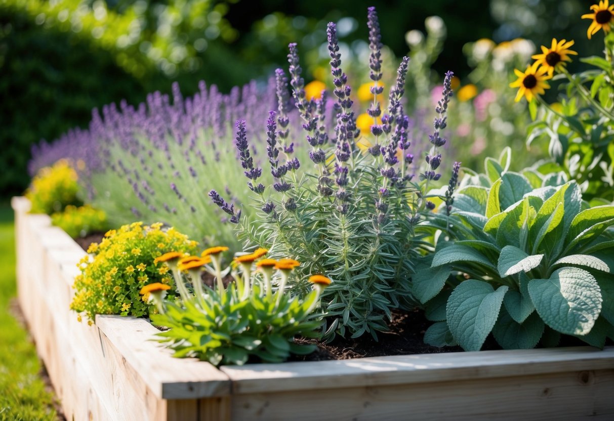 Lush raised bed garden with thriving perennials like lavender, sage, and coneflowers. Rich soil, sunlight, and careful maintenance contribute to their healthy growth