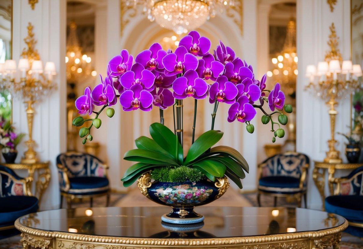 A lavish bouquet of rare and vibrant orchids displayed in an ornate vase, surrounded by opulent decor and elegant furnishings