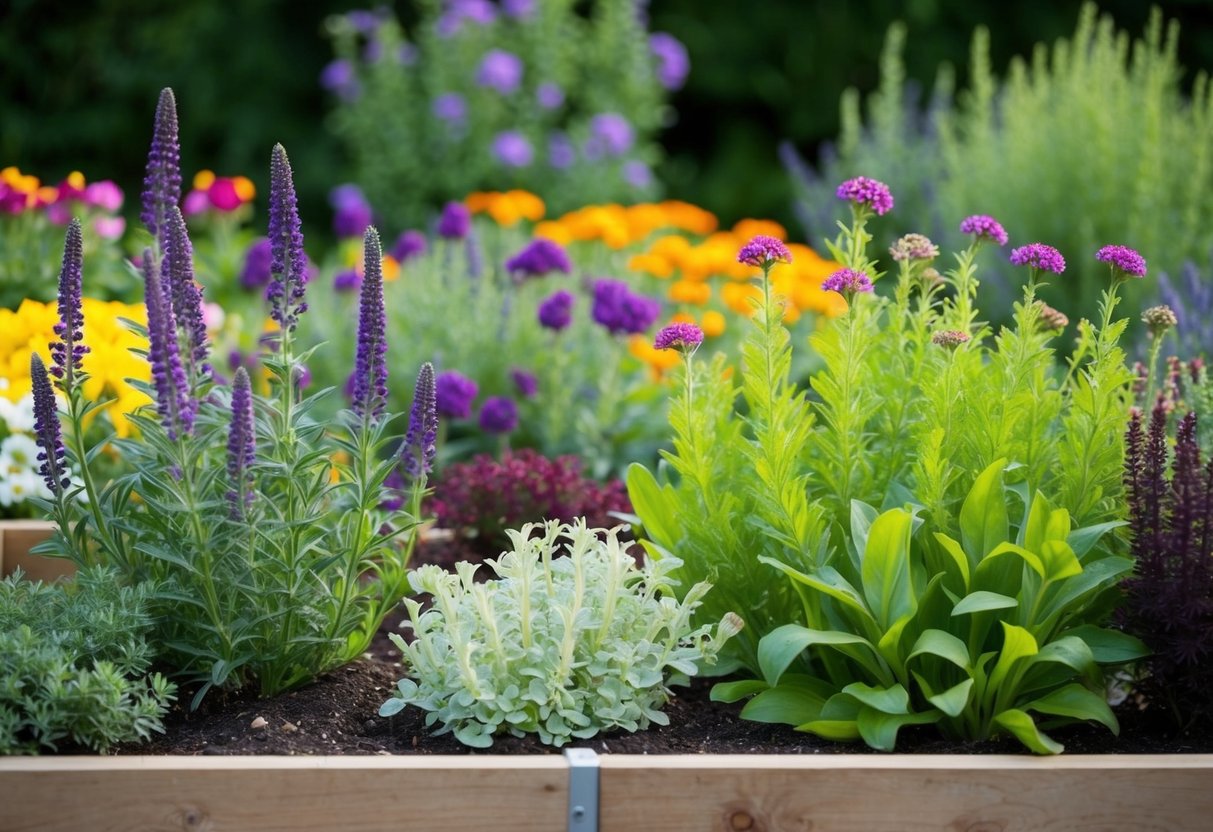 A variety of perennials thriving in a raised bed garden, showcasing a mix of colors, textures, and heights