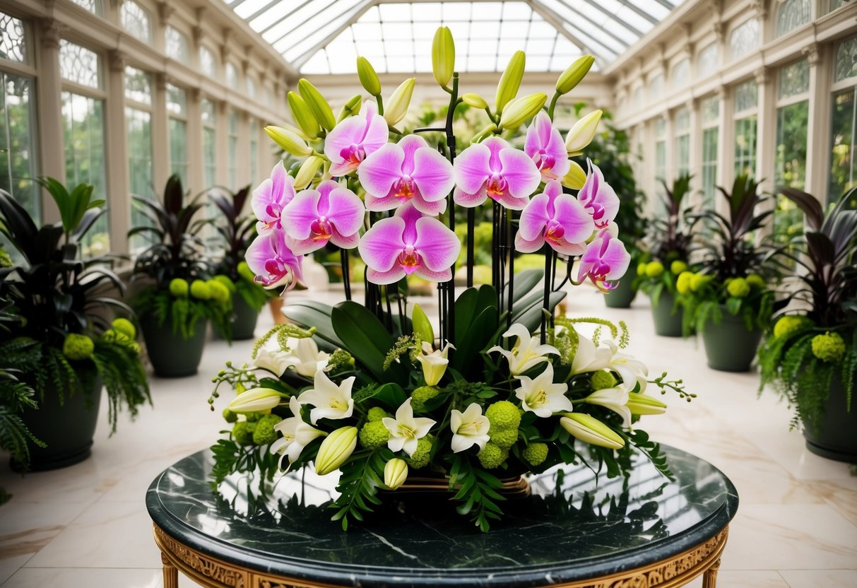 A lavish bouquet of rare orchids and lilies, surrounded by opulent greenery, sits atop a polished marble table in an elegant, sunlit conservatory