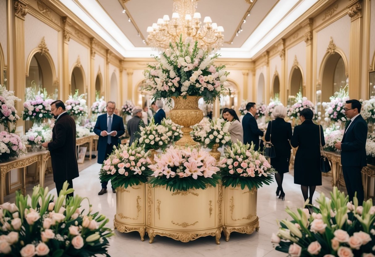 A grand, ornate flower shop with opulent floral arrangements and a prestigious clientele browsing the exquisite blooms