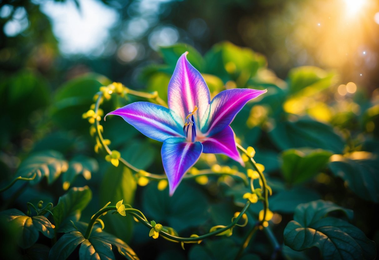 A vibrant, otherworldly flower with iridescent petals and twisting vines, surrounded by lush greenery and glowing with an ethereal light