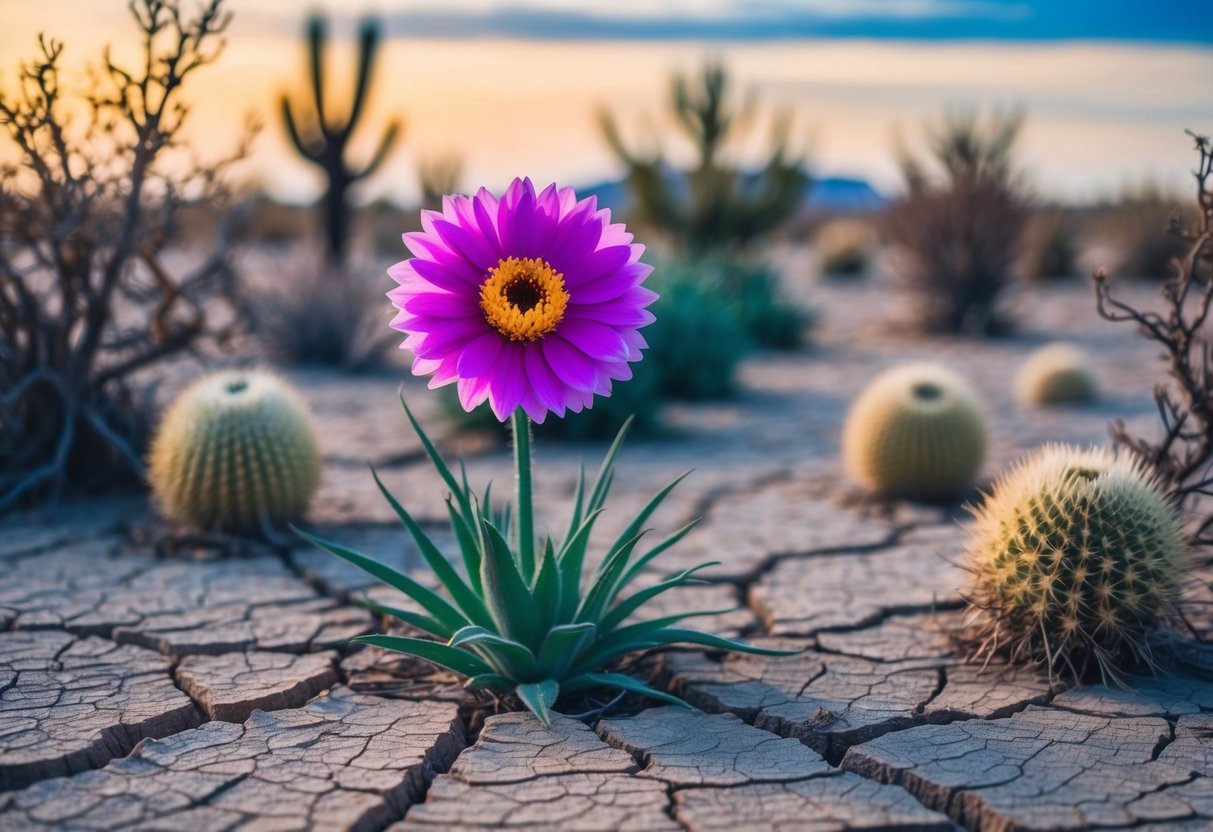 A vibrant, resilient flower blooms in a cracked, dry desert landscape, surrounded by withered plants