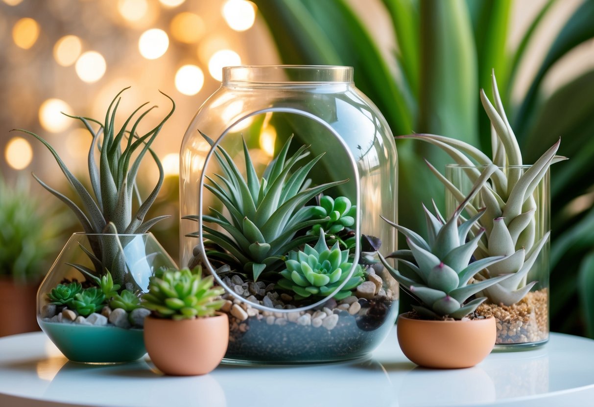 A variety of succulents and air plants arranged in a terrarium, showcasing their vibrant colors and unique shapes