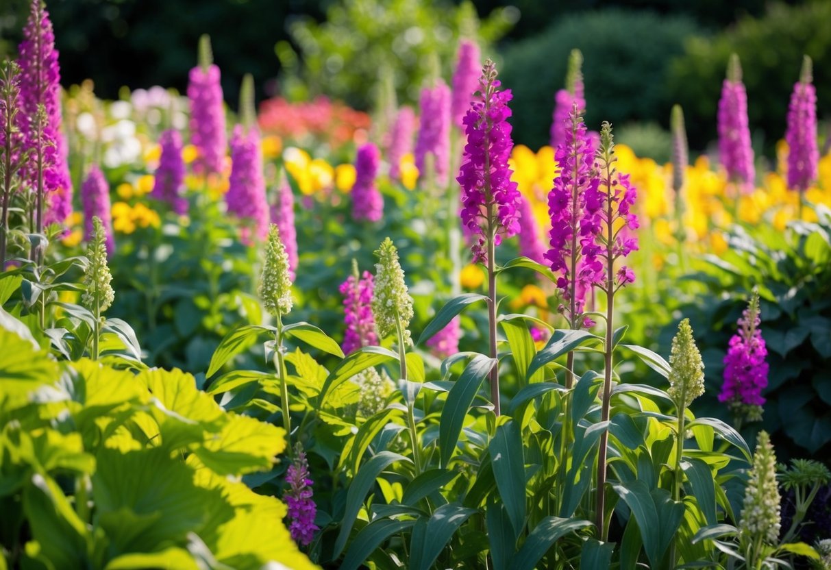 A vibrant garden bursting with tall, blooming perennial flowers reaching for the sun, surrounded by lush green foliage