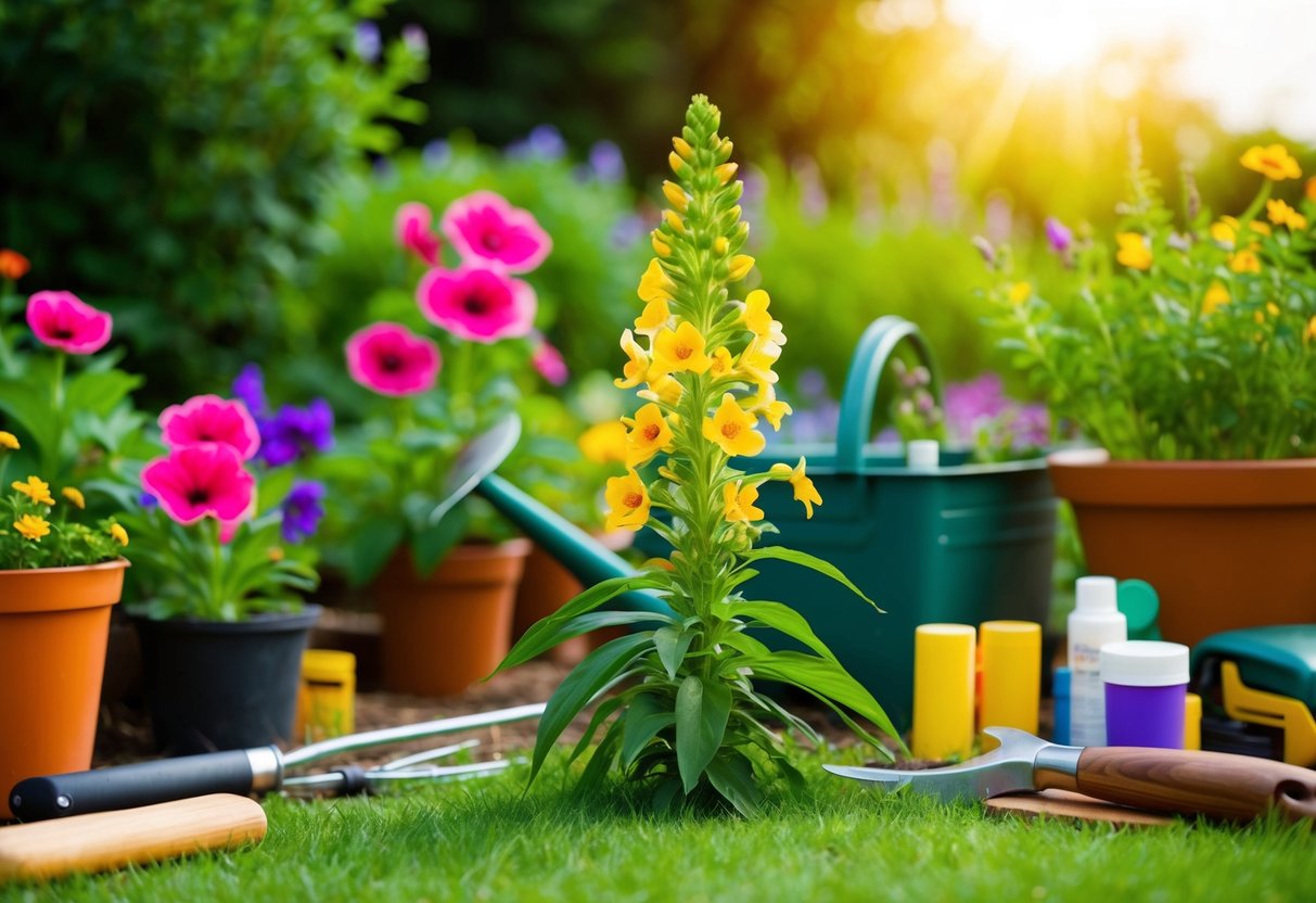 A vibrant perennial flower rapidly grows tall and blooms in a well-tended garden, surrounded by carefully placed gardening tools and plant care products