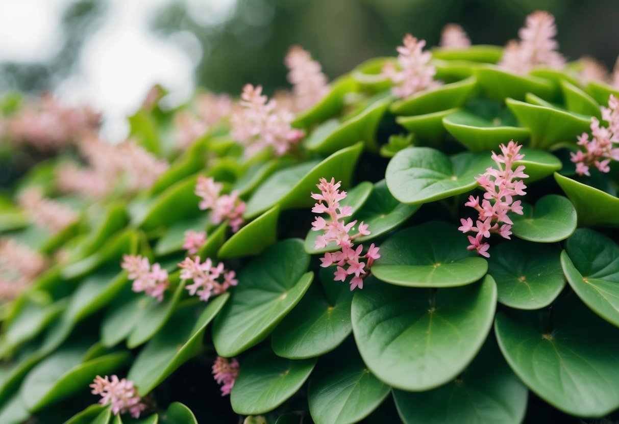 A Bryophyllum Pinnatum plant with numerous healthy, green leaves and clusters of tiny pink flowers blooming on its edges