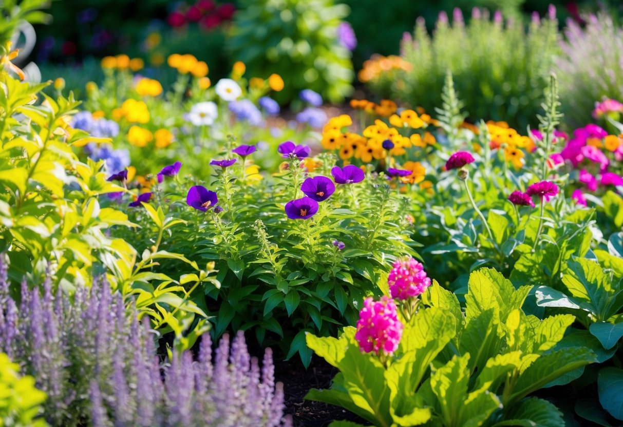 A colorful garden filled with low-maintenance perennials, including vibrant flowers and lush green foliage, thriving in the sunlight with minimal care