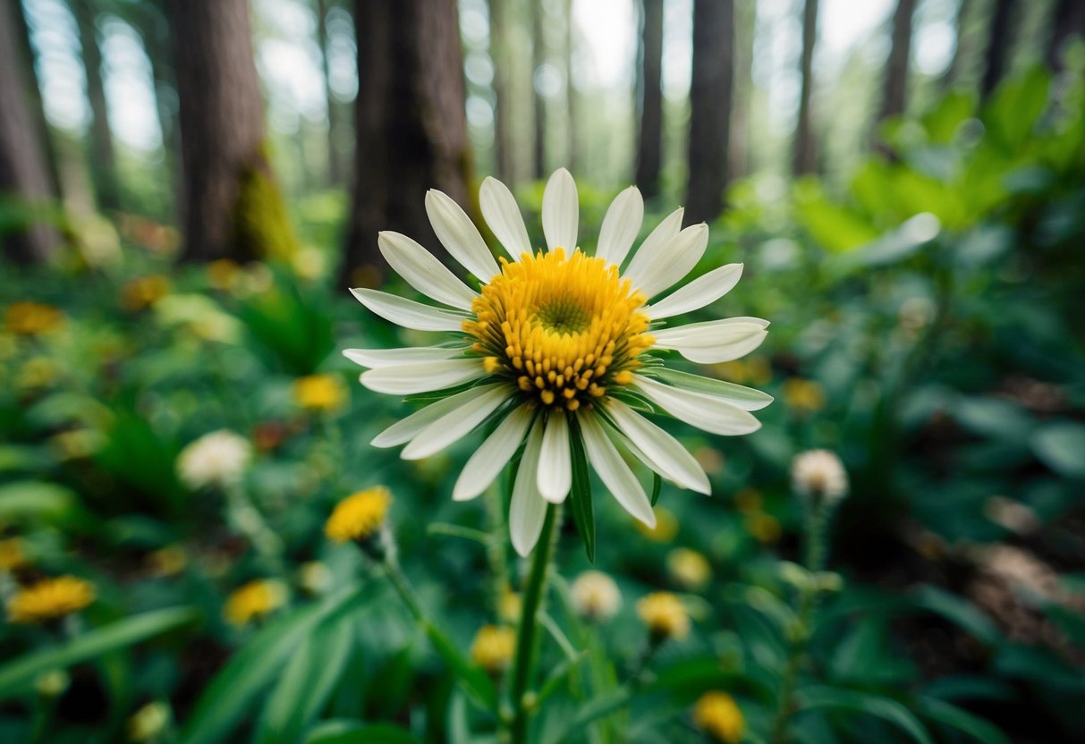 A blooming everlasting flower in a lush, untouched forest, surrounded by diverse flora and fauna