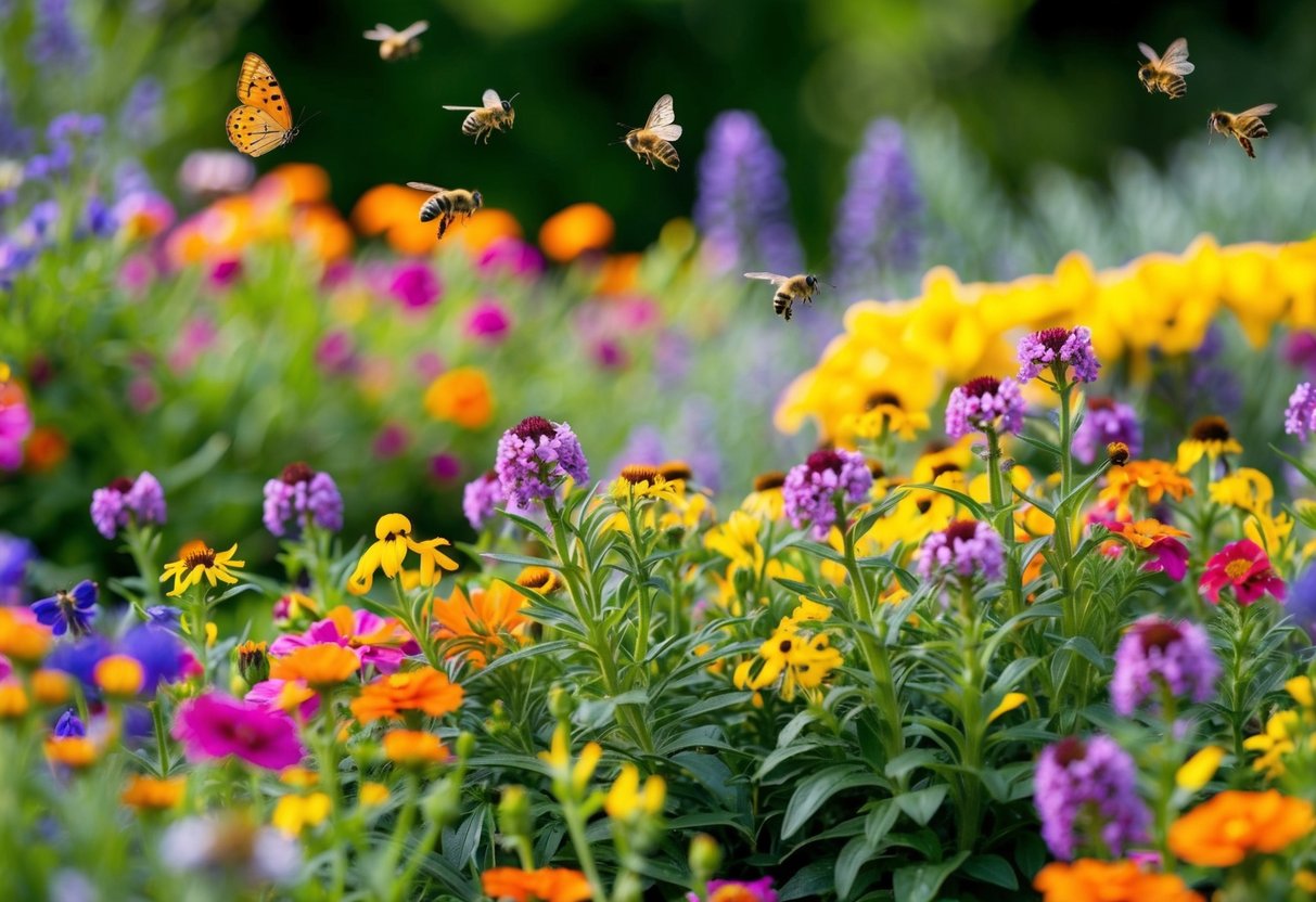 A vibrant garden bursting with colorful, fast-growing perennial flowers, surrounded by fluttering butterflies and buzzing bees