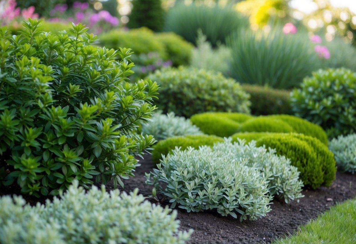 A lush garden with low-maintenance shrubs and groundcovers, thriving with minimal care