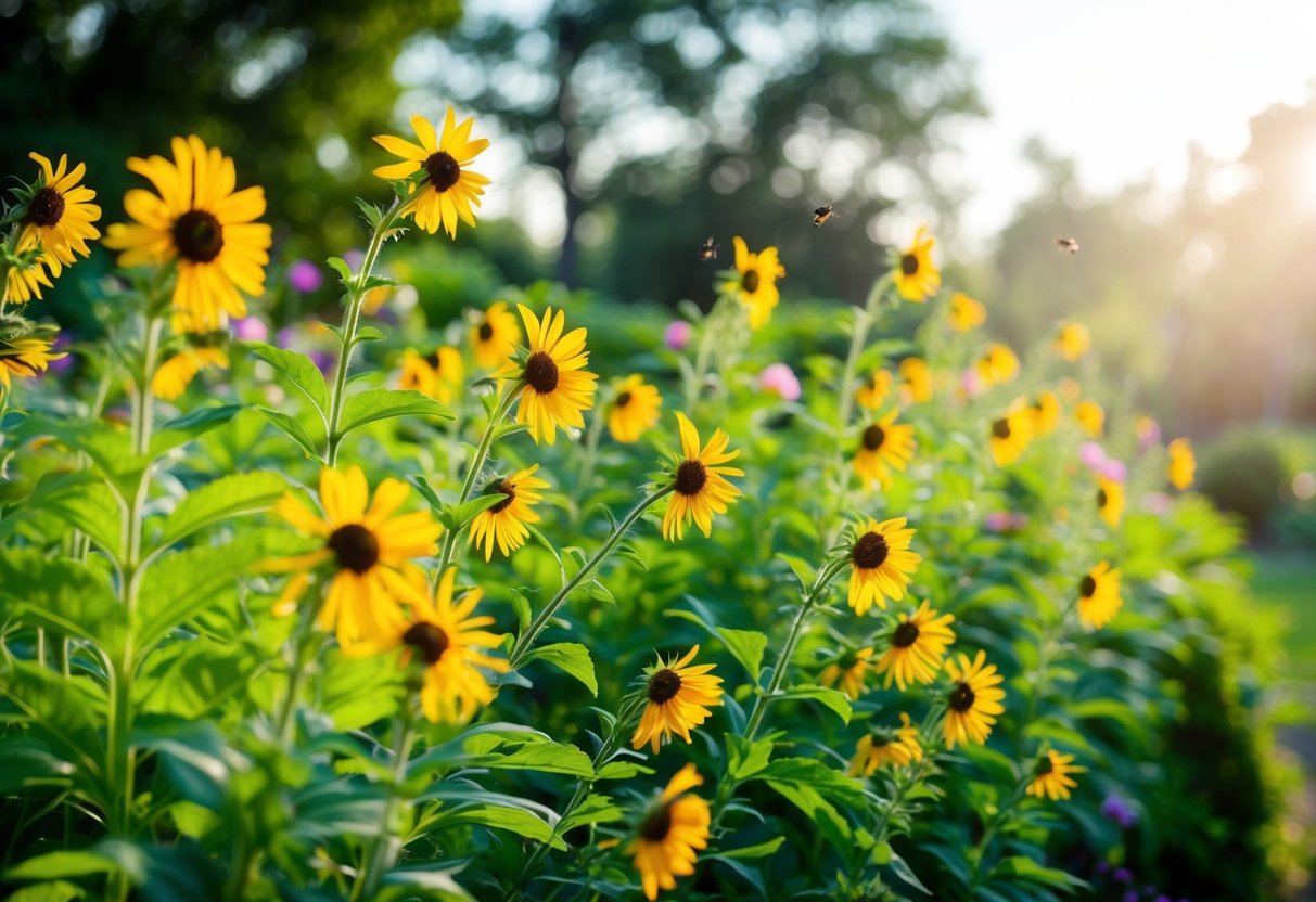 A garden filled with vibrant, rapidly growing perennial flowers reaching toward the sun, surrounded by lush green foliage and buzzing with pollinators