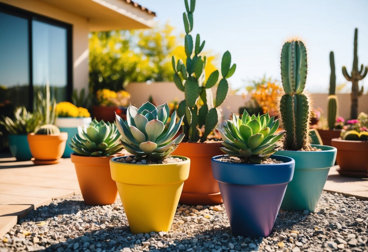 A sunny patio with a variety of succulents and cacti in colorful pots, surrounded by gravel and basking in the warm sun