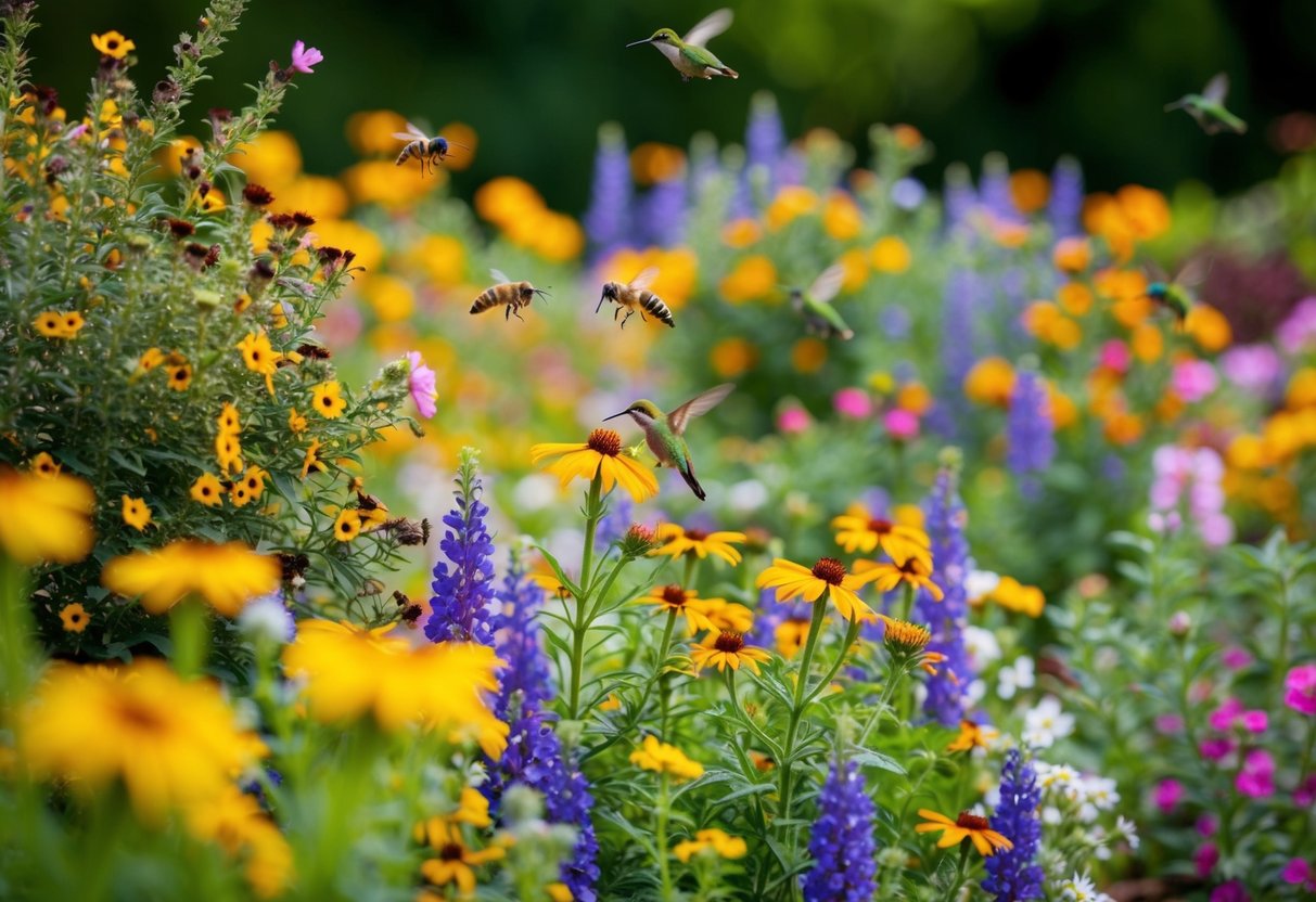 A colorful garden of wildflowers and blooming shrubs, teeming with bees, butterflies, and hummingbirds