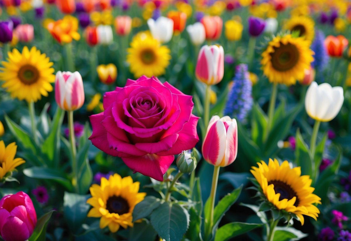 A vibrant field of colorful blooms, dominated by a majestic rose in full bloom, surrounded by a variety of popular flowers such as tulips, daisies, and sunflowers