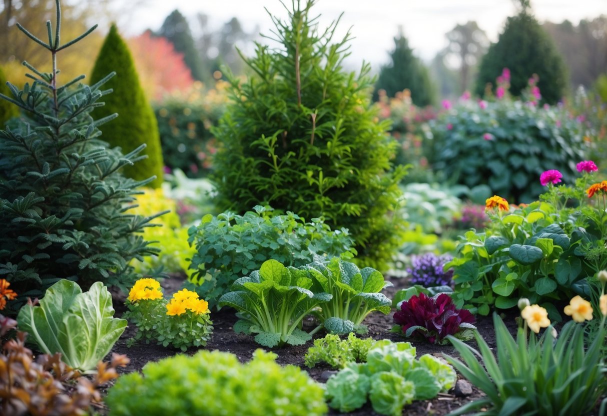 A garden with a variety of plants, including evergreen trees, winter vegetables, and perennial flowers, surrounded by a changing seasonal backdrop