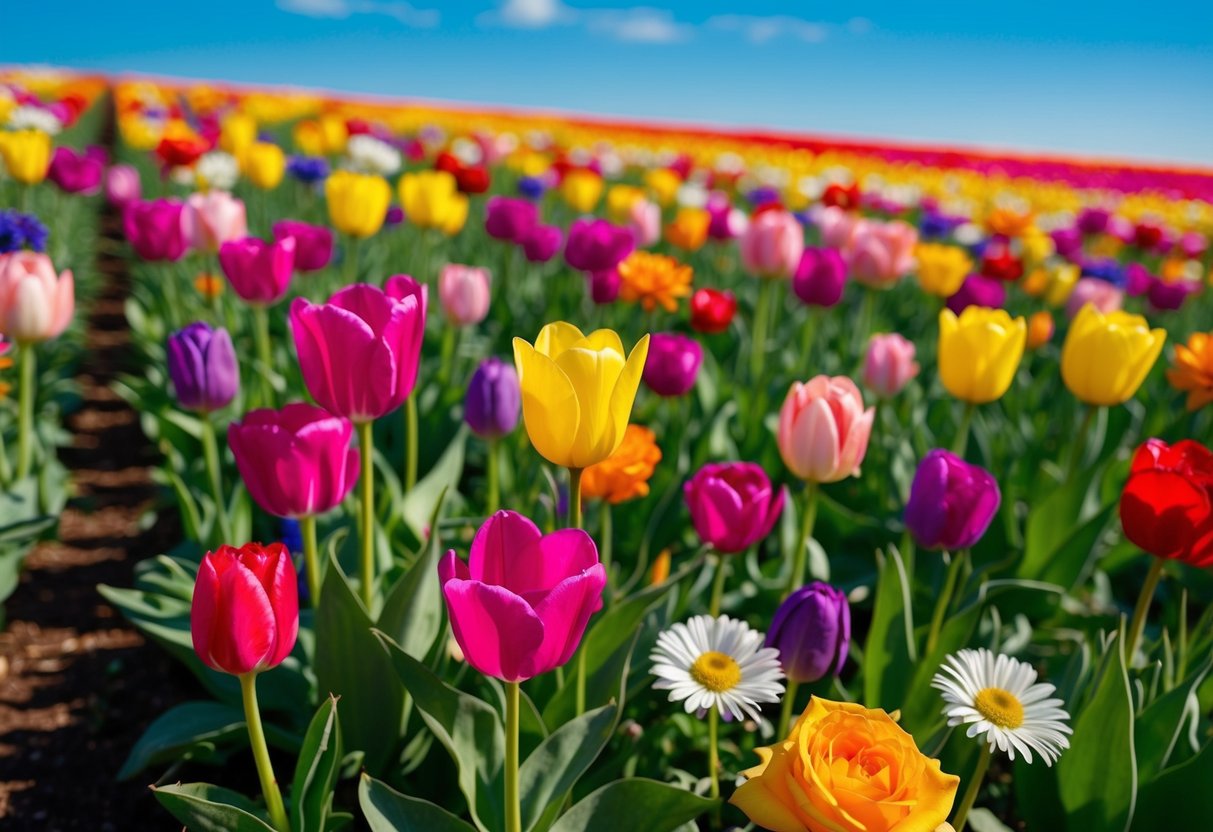 A vibrant field of colorful blooms, including roses, tulips, and daisies, stretching as far as the eye can see, with a clear blue sky overhead