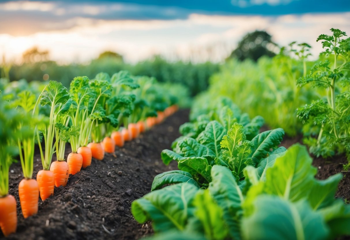 A lush garden with carrots, kale, and spinach growing in neat rows, surrounded by a backdrop of changing seasons