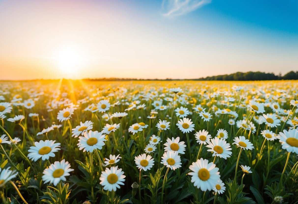 A field of colorful daisies stretching to the horizon, with a bright sun shining down on them