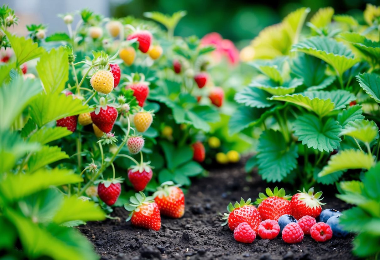 A lush garden with a variety of fruiting plants, including strawberries, raspberries, and blueberries, surrounded by well-maintained soil and vibrant green foliage