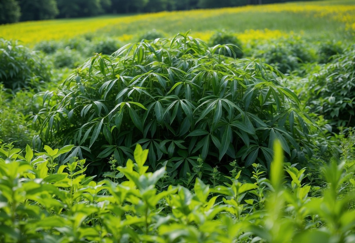 A dense thicket of Japanese knotweed overtaking a lush meadow in the UK, crowding out native plants