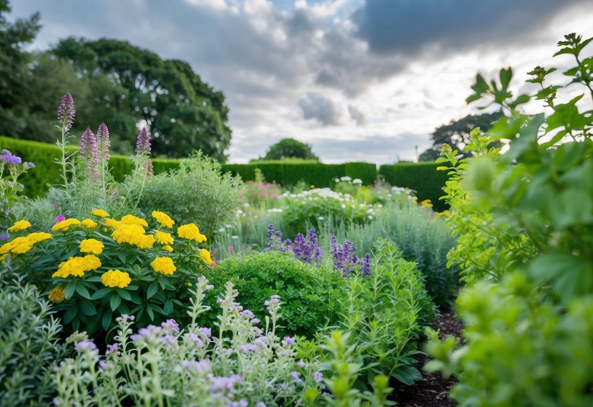 A garden filled with blooming perennials and fragrant herbs, surrounded by lush greenery under a cloudy sky