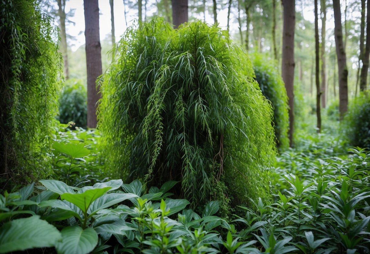 A dense thicket of Japanese knotweed towering over native plants in a British woodland